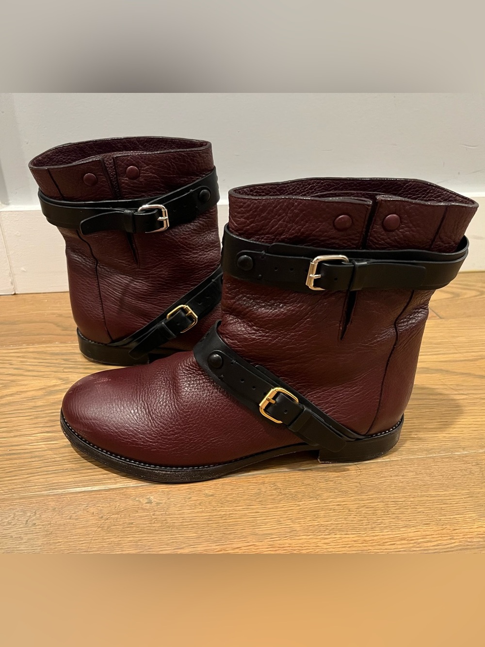Chloe Burgundy Leather Buckle Moto Boots size 38.5